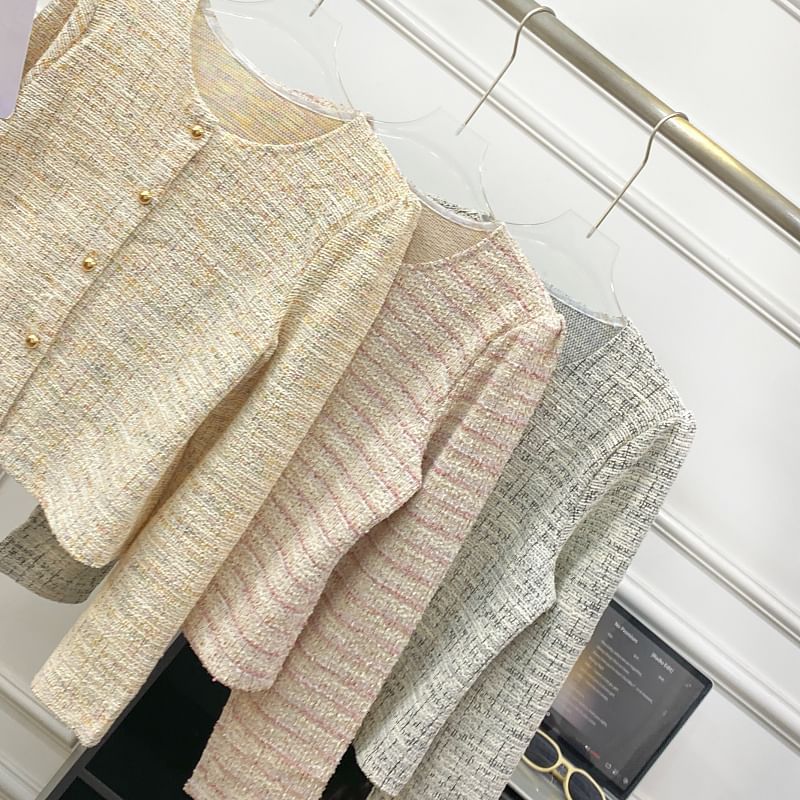 Round Neck Tweed Button Up Jacket