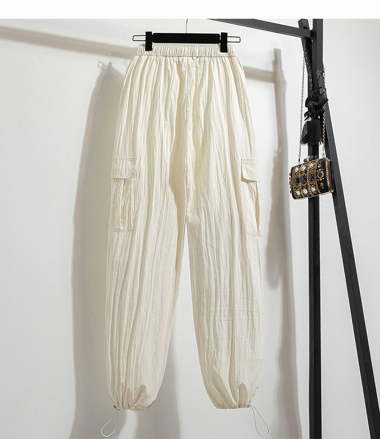 Drawstring Waist Plain Cropped Harem Cargo Pants