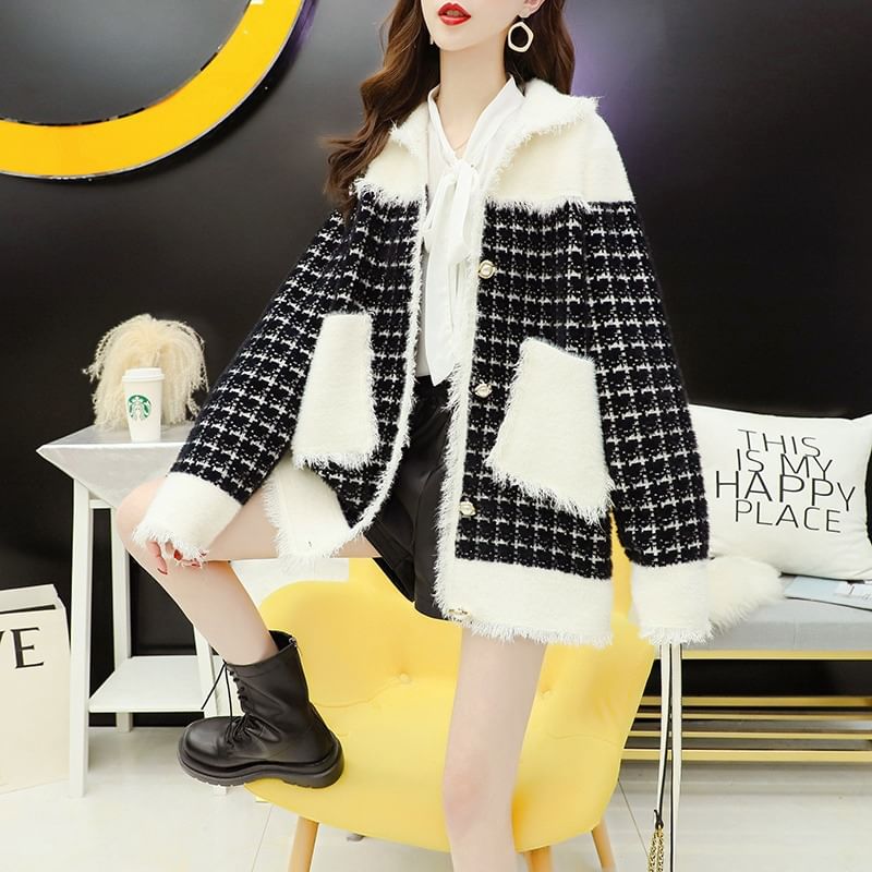 Hooded Tweed Button-Up Jacket