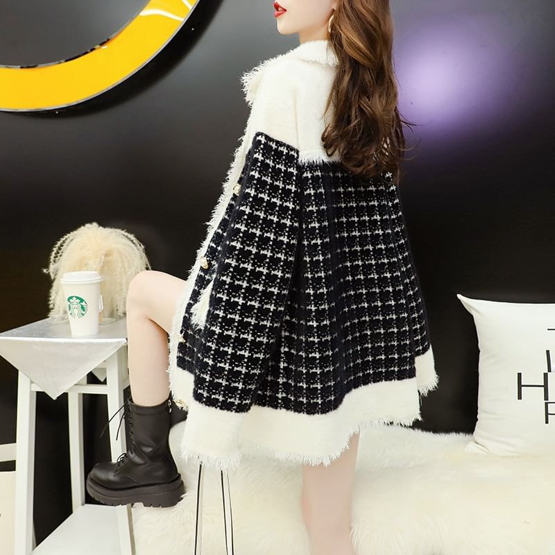 Hooded Tweed Button-Up Jacket