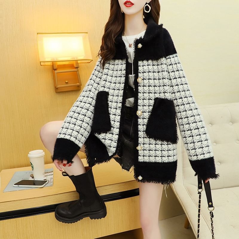 Hooded Tweed Button-Up Jacket