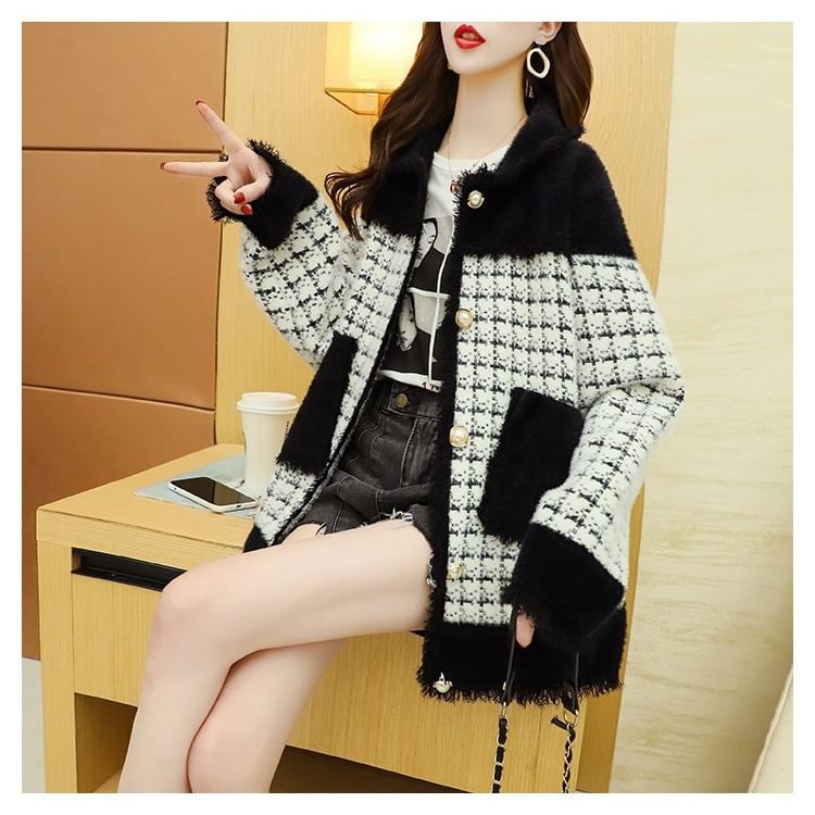 Hooded Tweed Button-Up Jacket