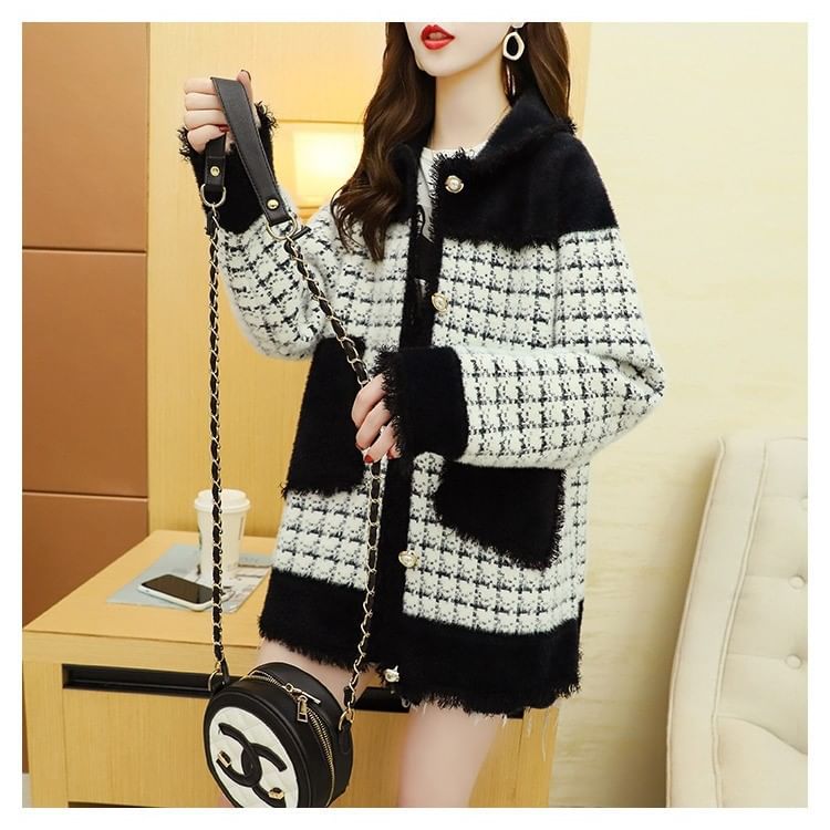 Hooded Tweed Button-Up Jacket