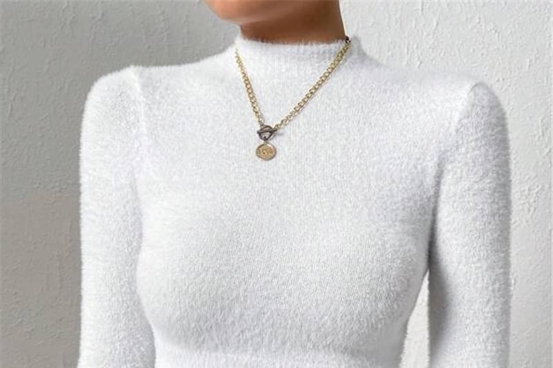Plain Ribbed Mock-Neck Sleeved Fitted Mini Knit Top