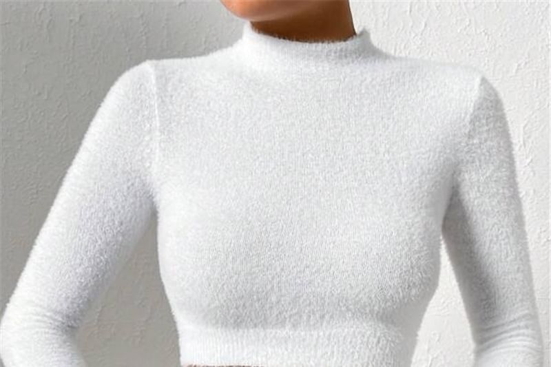 Plain Ribbed Mock-Neck Sleeved Fitted Mini Knit Top