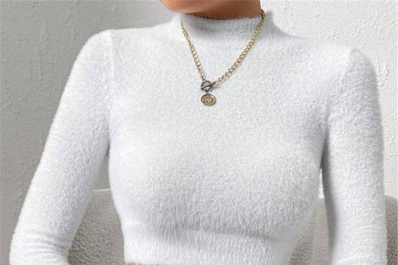 Plain Ribbed Mock-Neck Sleeved Fitted Mini Knit Top