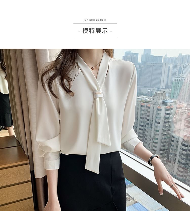Plain Tie-Neck Sleeved Blouse