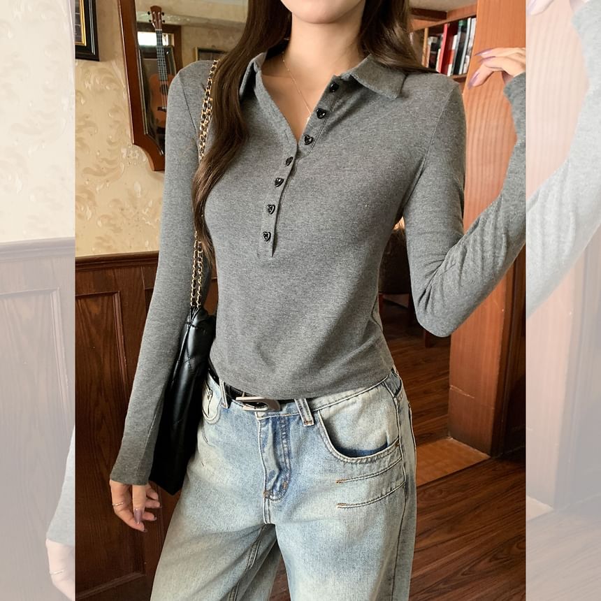 Plain Half-Buttoned Long-Sleeved Polo Shirt