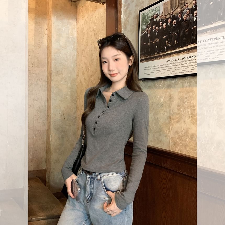 Plain Half-Buttoned Long-Sleeved Polo Shirt