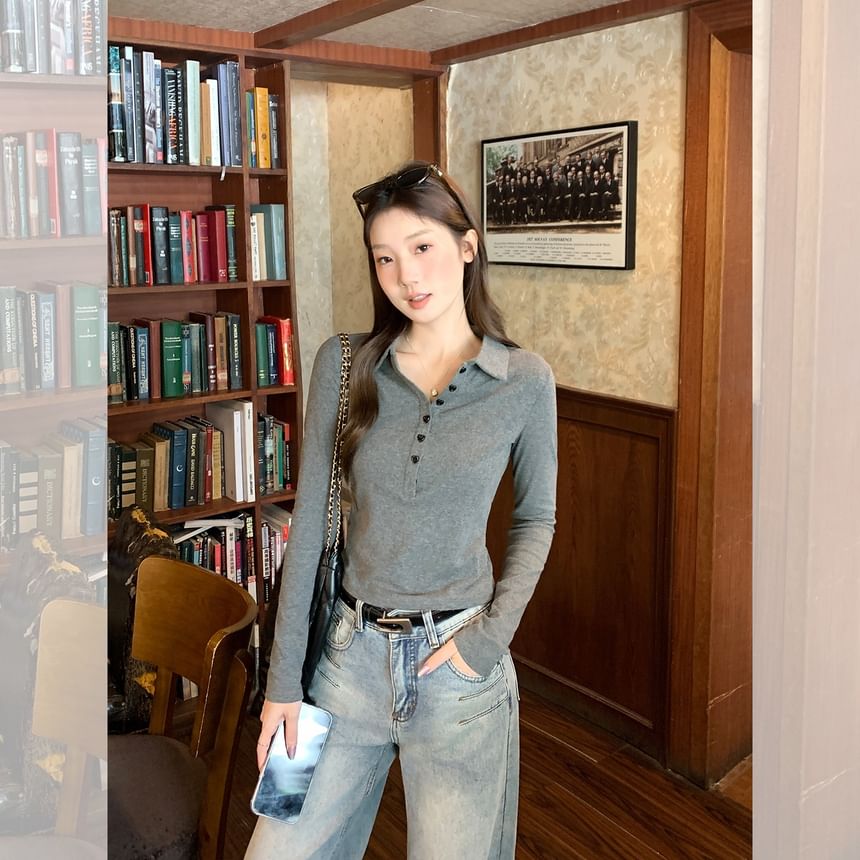 Plain Half-Buttoned Long-Sleeved Polo Shirt