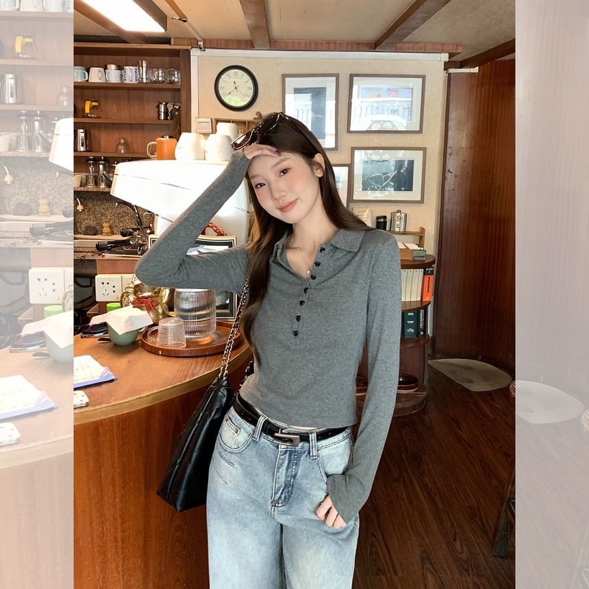Plain Half-Buttoned Long-Sleeved Polo Shirt