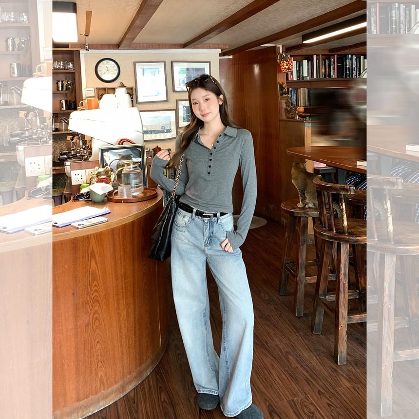 Plain Half-Buttoned Long-Sleeved Polo Shirt