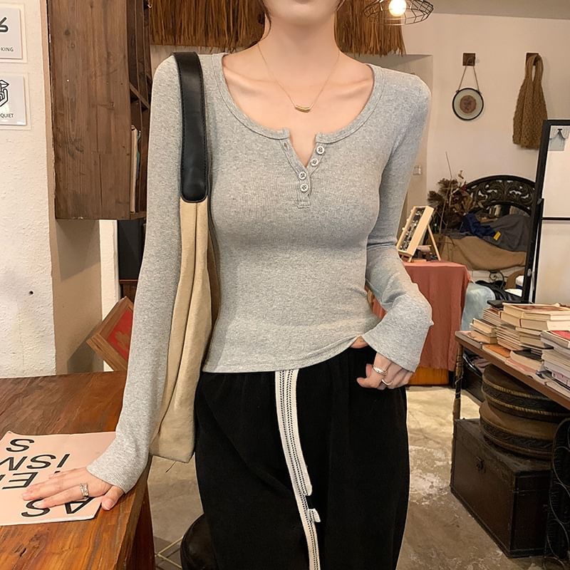 Plain Henley Sleeved Top