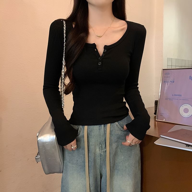 Plain Henley Sleeved Top