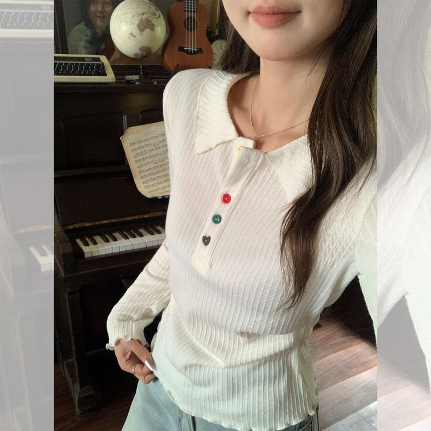 Plain Contrast-Button Sleeved Polo Top