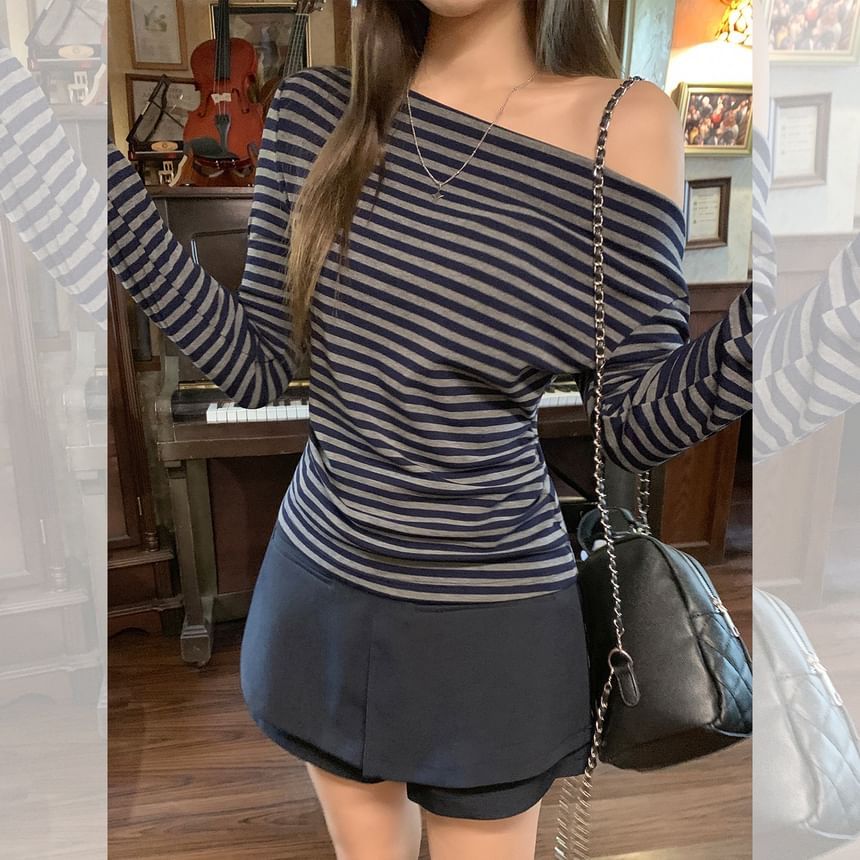 Striped Off-Shoulder Sleeved T-Shirt