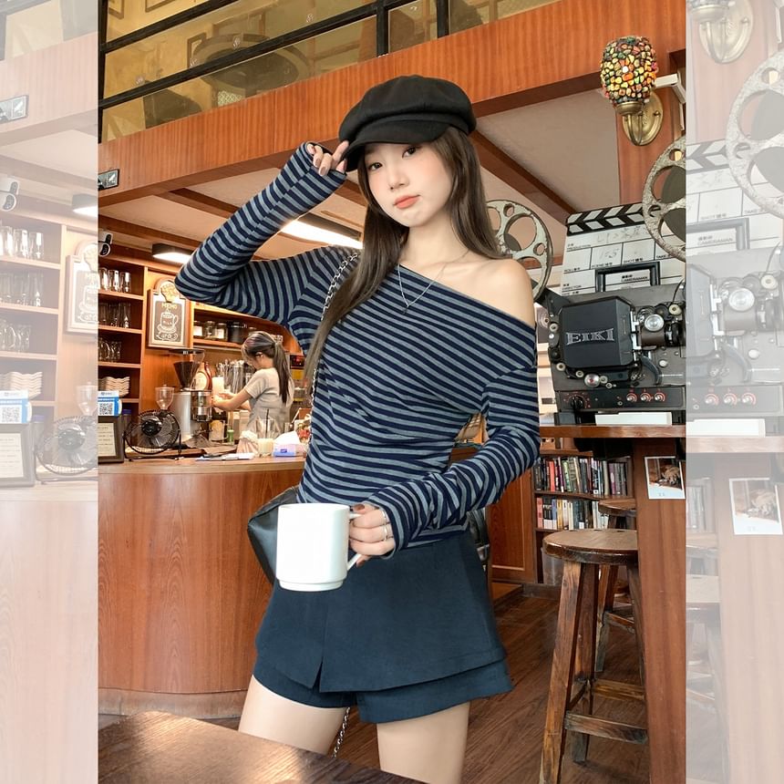 Striped Off-Shoulder Sleeved T-Shirt