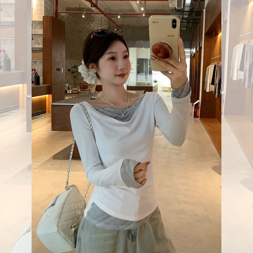 Plain V-Neck Mock-Layer Sleeved T-Shirt