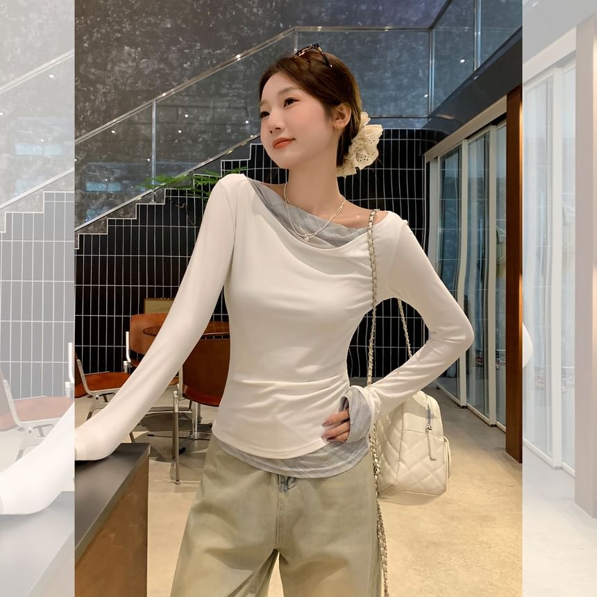 Plain V-Neck Mock-Layer Sleeved T-Shirt