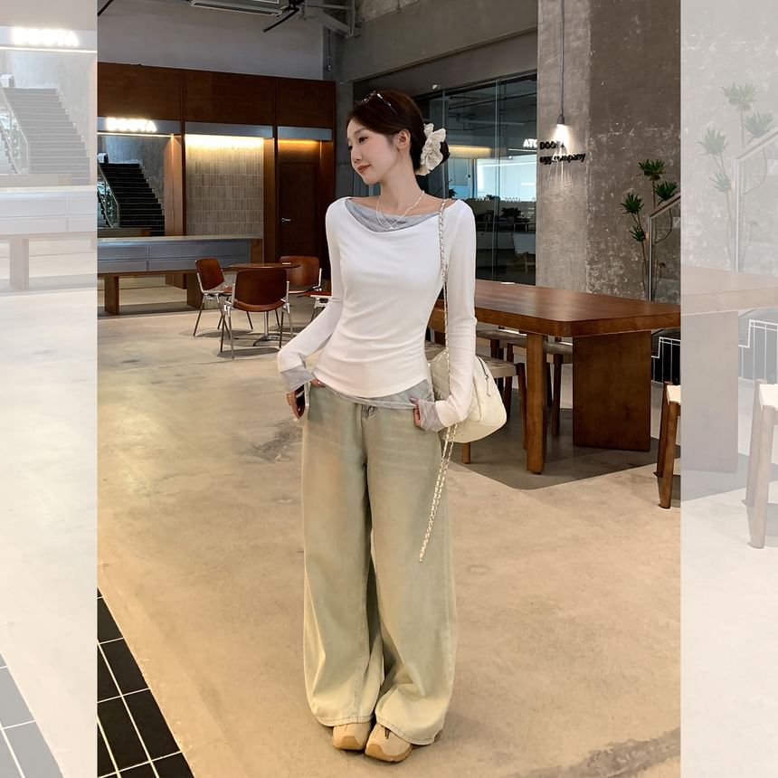 Plain V-Neck Mock-Layer Sleeved T-Shirt