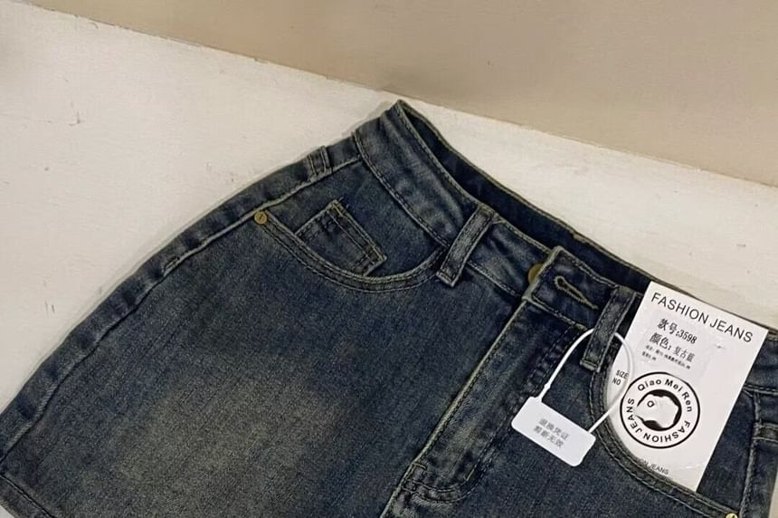 High Waist Washed Denim Skorts