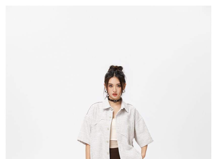 Asymmetric Mini-Sleeved Shirt with Neck Tie