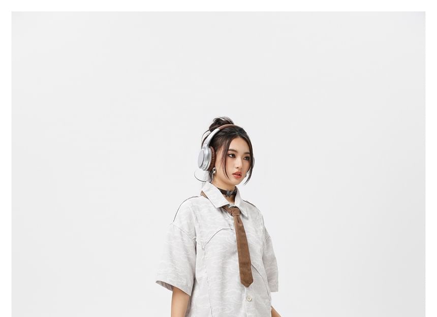 Asymmetric Mini-Sleeved Shirt with Neck Tie