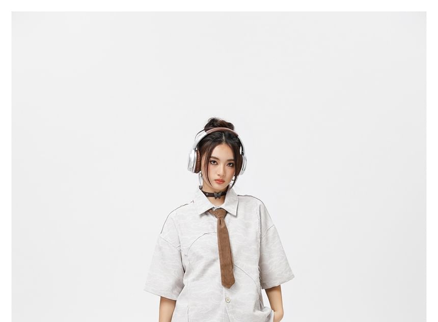 Asymmetric Mini-Sleeved Shirt with Neck Tie