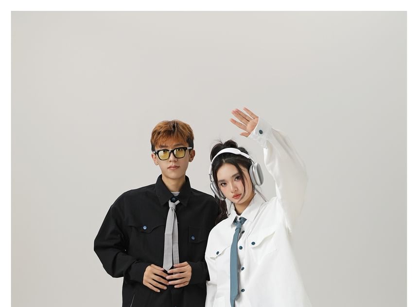 Unisex Asymmetric Pocketed Shirt with Tie