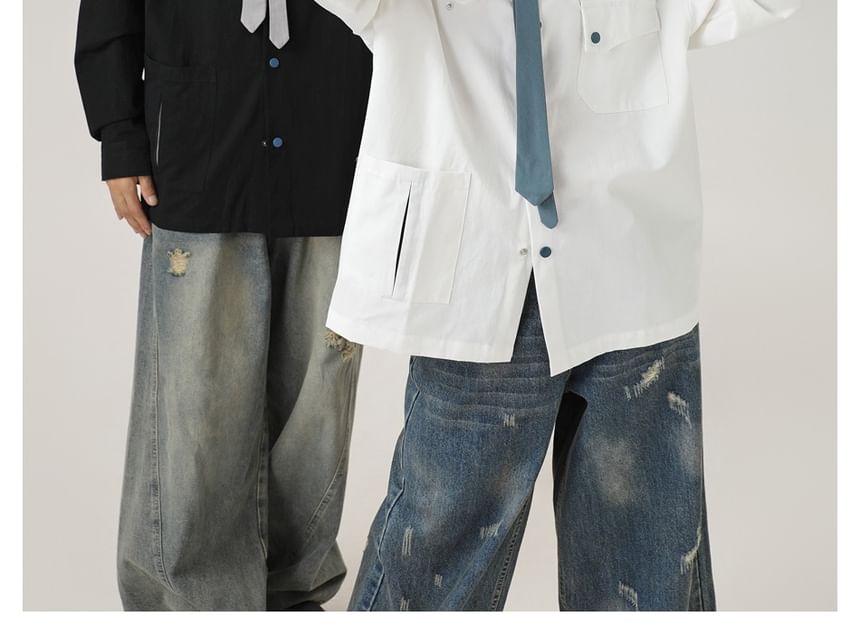 Unisex Asymmetric Pocketed Shirt with Tie