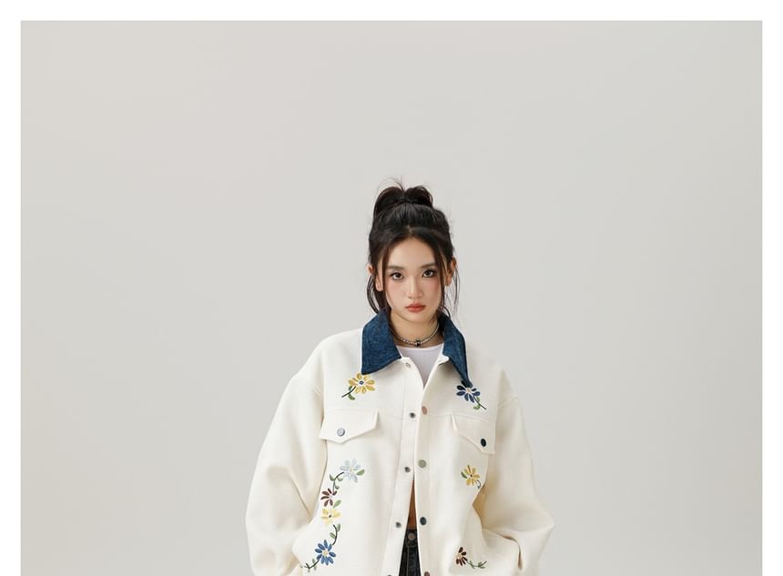 Flower-Embroidered Colorblock Tweed Jacket