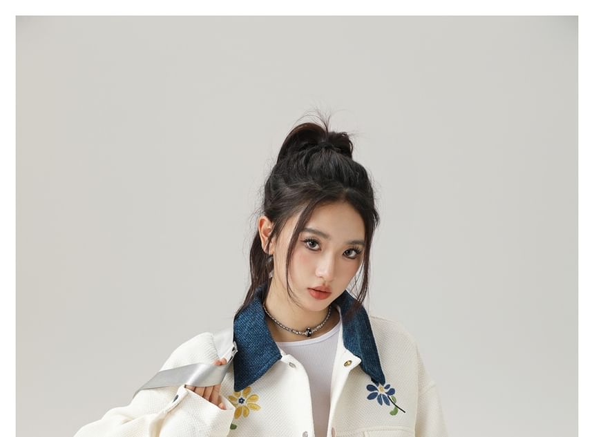 Flower-Embroidered Colorblock Tweed Jacket