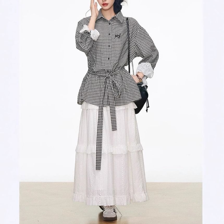 Gingham Lace-Panel Button-Up Sleeved Blouse + Tiered A-Line Maxi Skirt
