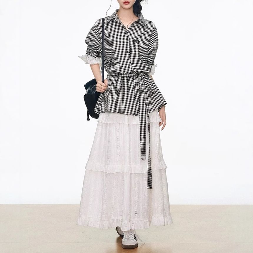Long-Sleeve Collared Gingham Lace Panel Button-Up Blouse / High Rise Plain Perforated Tiered Maxi A-Line Skirt