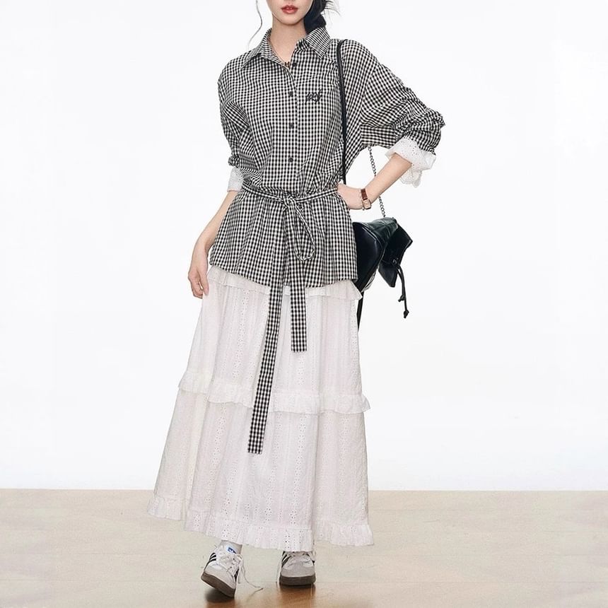 Long-Sleeve Collared Gingham Lace Panel Button-Up Blouse / High Rise Plain Perforated Tiered Maxi A-Line Skirt