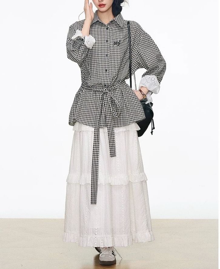 Long-Sleeve Collared Gingham Lace Panel Button-Up Blouse / High Rise Plain Perforated Tiered Maxi A-Line Skirt