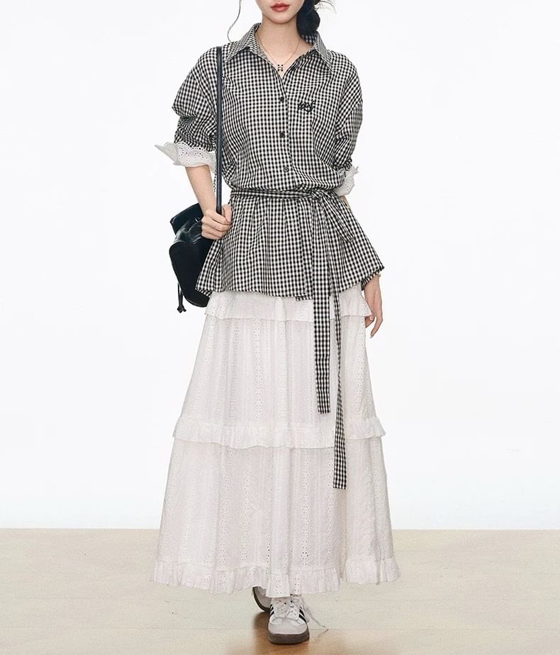 Long-Sleeve Collared Gingham Lace Panel Button-Up Blouse / High Rise Plain Perforated Tiered Maxi A-Line Skirt