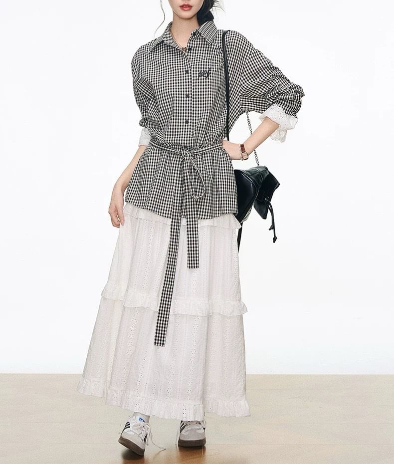 Long-Sleeve Collared Gingham Lace Panel Button-Up Blouse / High Rise Plain Perforated Tiered Maxi A-Line Skirt