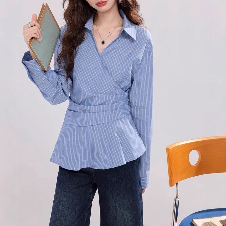 Long-Sleeve V-Neck Collared Striped Ruched Blouse