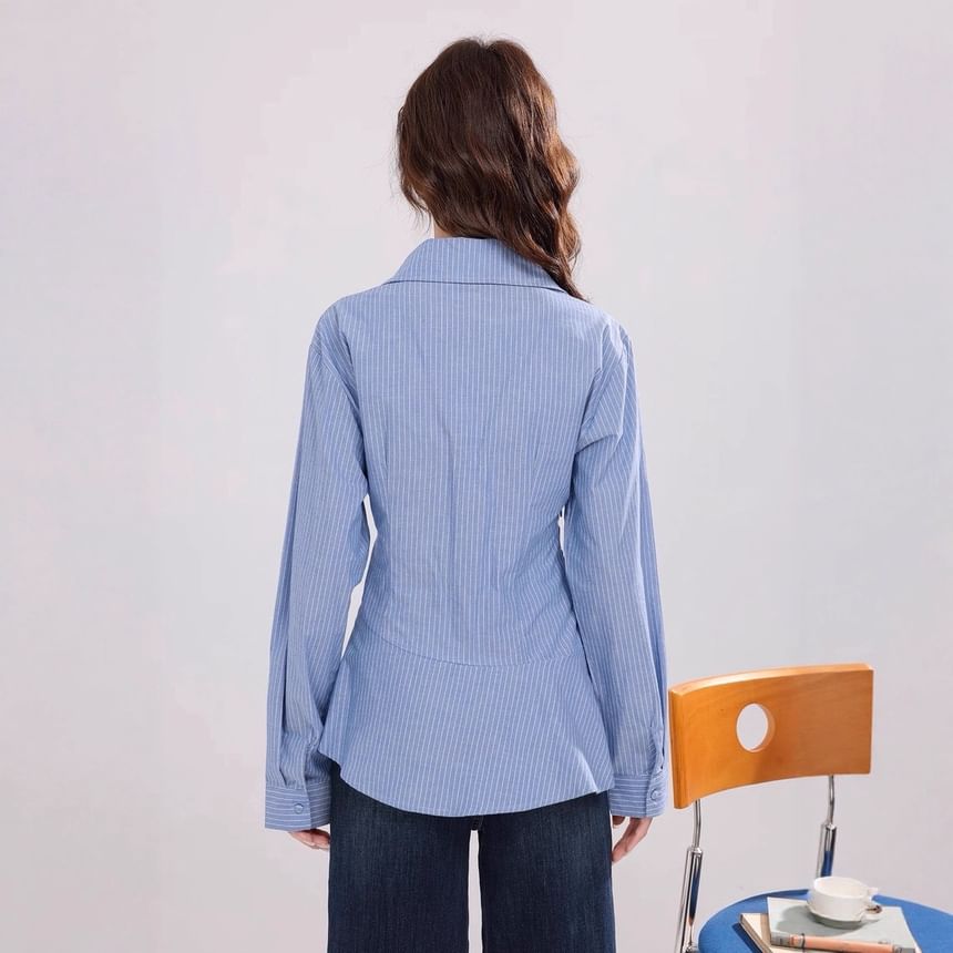 Long-Sleeve V-Neck Collared Striped Ruched Blouse