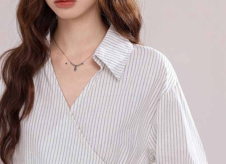 Long-Sleeve V-Neck Collared Striped Ruched Blouse