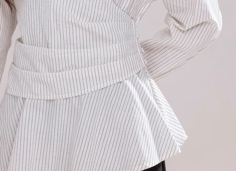 Striped Ruched Collared V-Neck Sleeved Blouse