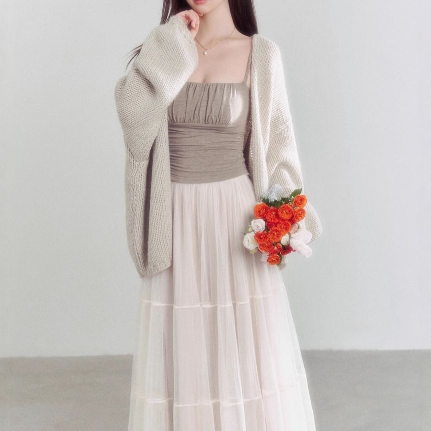 Plain Ruched Crop Camisole Top / High Rise Sheer Maxi A-Line Skirt / Open Front Cardigan