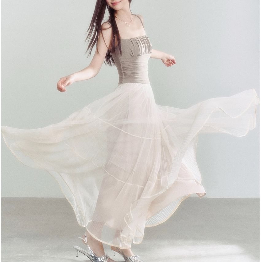 Plain Ruched Crop Camisole Top / High Rise Sheer Maxi A-Line Skirt / Open Front Cardigan