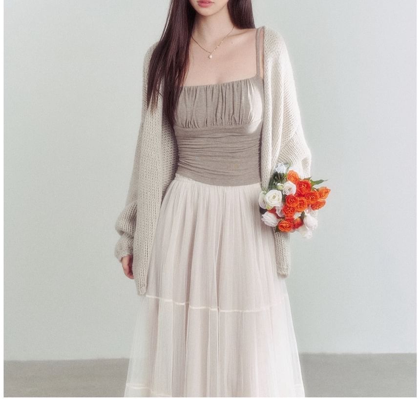 Plain Ruched Crop Camisole Top / High Rise Sheer Maxi A-Line Skirt / Open Front Cardigan