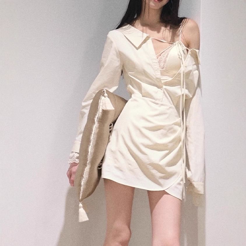 V-Neck Lace Panel Camisole Top / Long-Sleeve Off-Shoulder Plain Asymmetrical Mini A-Line Dress / Undershorts / Set