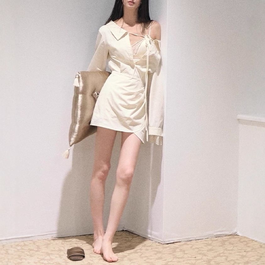 V-Neck Lace Panel Camisole Top / Long-Sleeve Off-Shoulder Plain Asymmetrical Mini A-Line Dress / Undershorts / Set