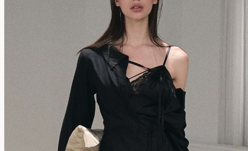 V-Neck Lace Panel Camisole Top / Long-Sleeve Off-Shoulder Plain Asymmetrical Mini A-Line Dress / Undershorts / Set
