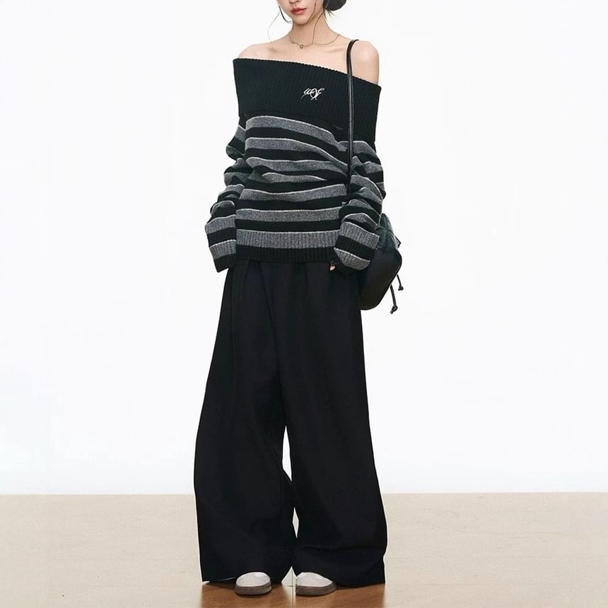 Off-Shoulder Striped Sweater / High Rise Plain Wide Leg Pants