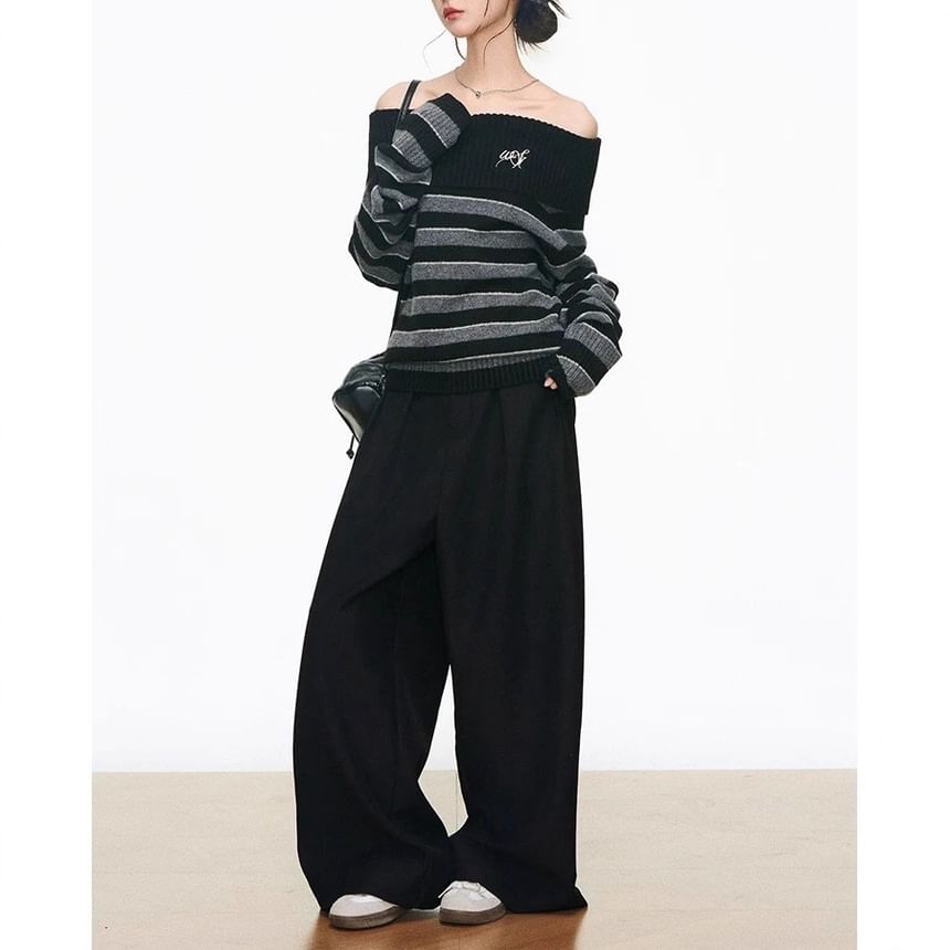 Off-Shoulder Striped Sweater / High Rise Plain Wide Leg Pants